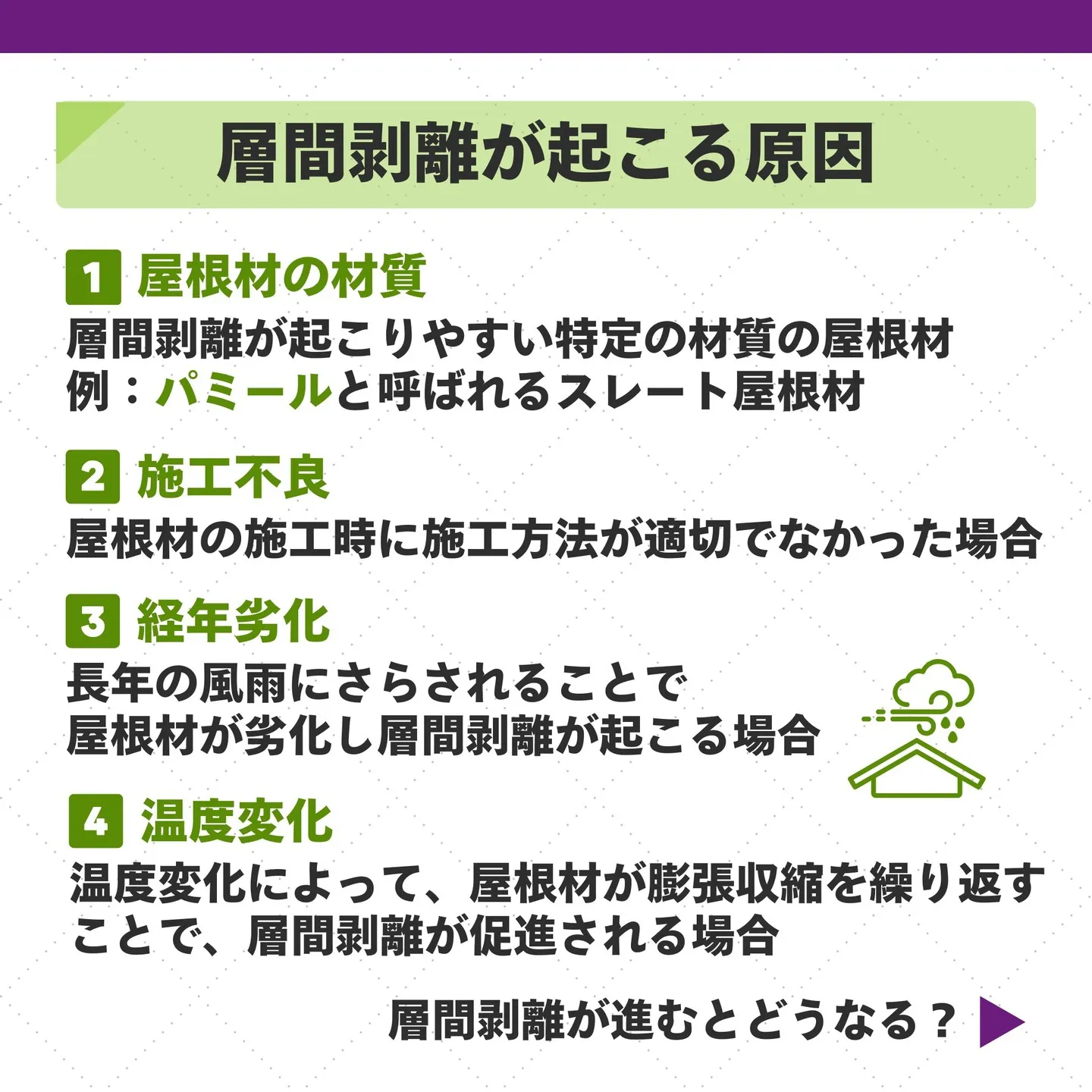 ▼屋根材の層間剝離は、屋根の寿命を縮め、建物に大きな被害をも...